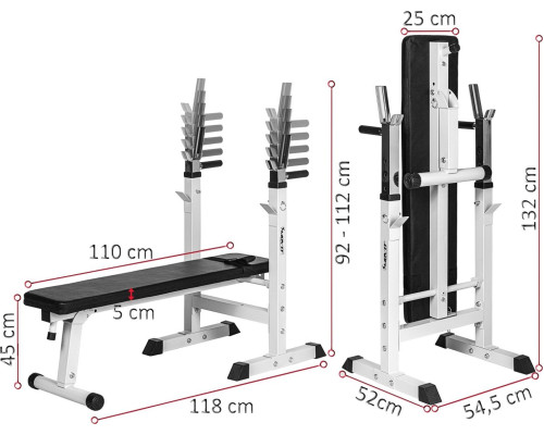 Білий столик Movit для штанги, лавка для вправ і стійки