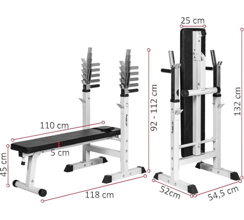 Білий столик Movit для штанги, лавка для вправ і стійки