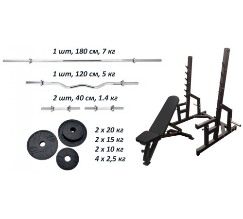 Лавка PE208 + Стійки Black Rock + 4 грифи + Набір металевих гумових дисків 120 кг