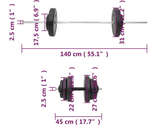 Штанга та гантелі vidaXL, з ваговими пластинами, 60 кг