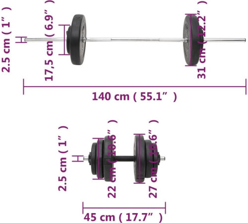 Штанга та гантелі vidaXL, з ваговими пластинами, 60 кг