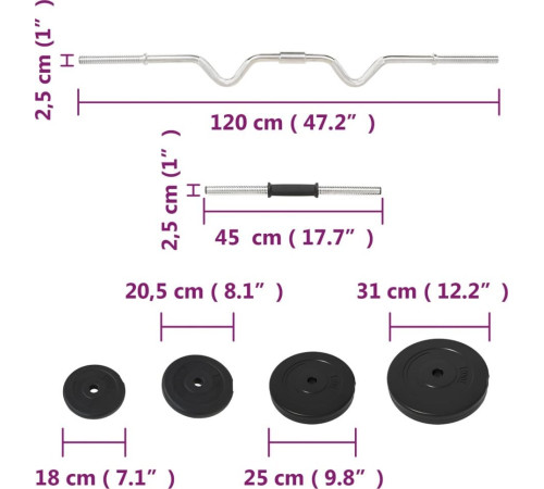 Згинальна штанга та гантелі vidaXL, з обважнювачами, 60 кг