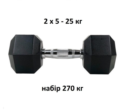 Набір шестигранних гантелей UnderFit прогумовані 2 х 5-25 кг (270 кг) Набір шестигранних гантелей UnderFit прогумовані 2 х 5-25 кг (270 кг)