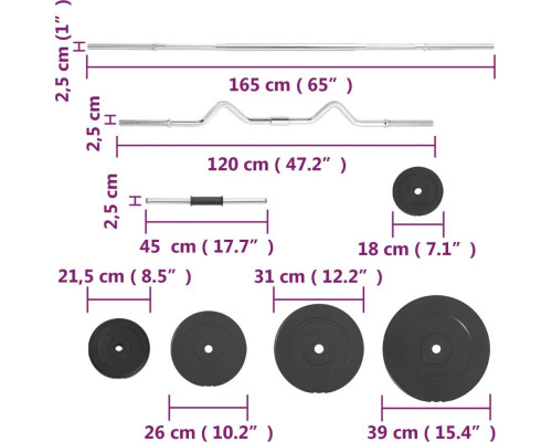 Штанга та гантелі з ваговими пластинами vidaXL, 90 кг