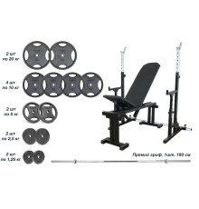 Лавка 090 + Стійки зі страхувальними упорами UM 0150 + Металева штанга RN-Sport Quatro 105 кг
