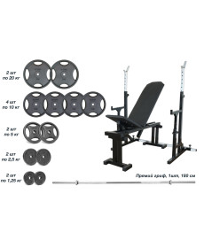 Лавка 090 + Стійки зі страхувальними упорами UM 0150 + Металева штанга RN-Sport Quatro 105 кг