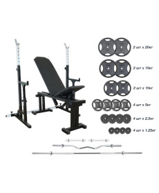 Лавка 090 + Стійки зі страхувальними упорами UM 0150 + 125 кг дисків + 4 грифи RN-Sport