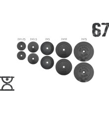 Набір 67 кг (2х1.25, 2х2.5, 2x5, 2х10 та 2x15) дисків, RN Sport покритих пластиком (31 мм)