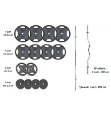 Набір штангу з гантелями. 4 грифи + 120 кг металевих дисків RN-Sport