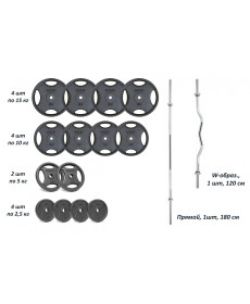 Набір штангу з гантелями. 4 грифи + 120 кг металевих дисків RN-Sport