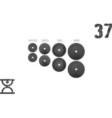 Набір 37 кг (2х1.25, 2х2.5, 2x5 та 2x10) дисків, покритих пластиком (31 мм)