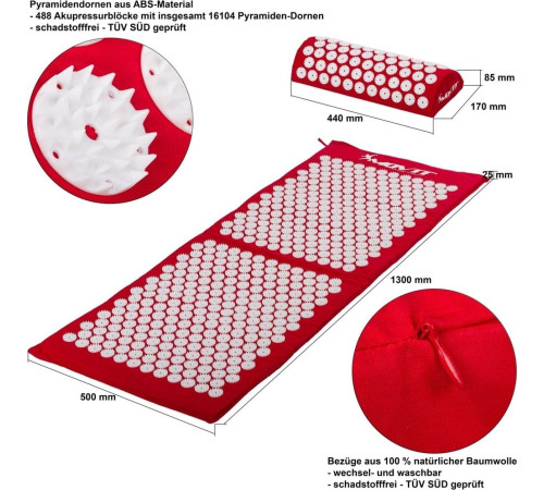 Червона оздоровча мата Movit для акупресури 130x50 см з шипами від болю у спині