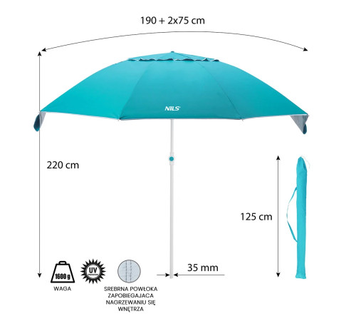 Пляжна парасоля NC7822 XL 220 CM NILS голуба Пляжна парасоля NC7822 XL 220 CM NILS голуба