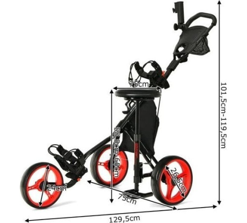 3-колісний складаний візок для гольфу Costway з регульованою ручкою