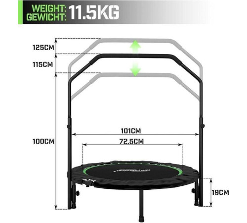 Батут для фітнесу Physionics JG86931 з поручнем 3,5 футів 101 см чорно-зелений Батут для фітнесу Physionics JG86931 з поручнем 3,5 футів 101 см чорно-зелений