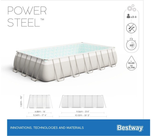 Басейн прямокутний Bestway Power Steel (світло-сірий, з системою пісочного фільтра, 956 см х 488 см х 132 см) - білий