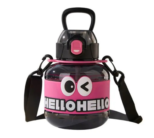 Дитяча пляшка для води Yiwu HELLO-HELLO 680 мл з ремінцем, чорно-рожева Дитяча пляшка для води Yiwu HELLO-HELLO 680 мл з ремінцем, чорно-рожева