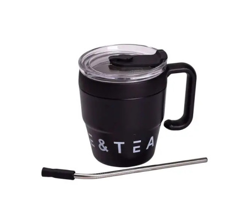 Термочашка Yiwu Coffee & Tea HP-14-23B 480 мл з трубочкою і подвійним відкриванням, чорна Термочашка Yiwu Coffee & Tea HP-14-23B 480 мл з трубочкою і подвійним відкриванням, чорна