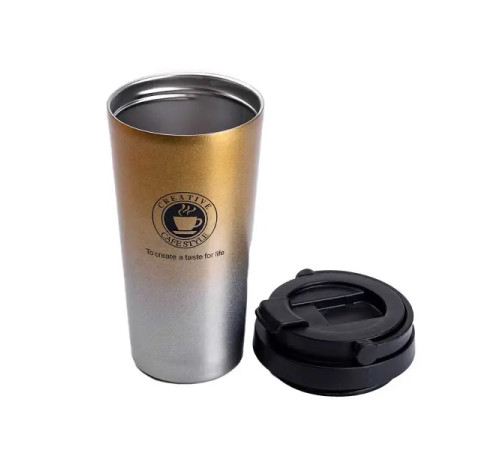 Термочашка Happy Life Creative Cafe Style 500 мл з ручкою, срібляста Термочашка Happy Life Creative Cafe Style 500 мл з ручкою, срібляста