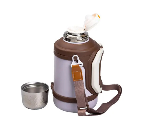 Термос Yiwu HP-14-21W туристичний Vacuum Cup 1,5 л з фліп кришкою та складаними ручками, коричнево-білий Термос Yiwu HP-14-21W туристичний Vacuum Cup 1,5 л з фліп кришкою та складаними ручками, коричнево-білий