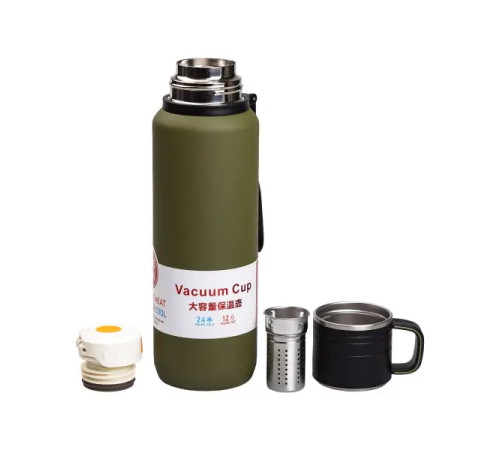 Термос Yiwu HP-14-28GR High Bottle 1 л із заварником та фліп кришкою, оливковий Термос Yiwu HP-14-28GR High Bottle 1 л із заварником та фліп кришкою, оливковий