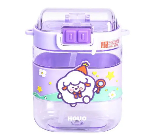 Дитяча пляшка для води Yiwu Magic Lamb 560 мл з ремінцем, фіолетова Дитяча пляшка для води Yiwu Magic Lamb 560 мл з ремінцем, фіолетова