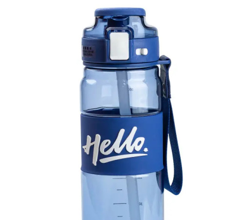 Пляшка для води спортивна Happy Life Hello 860 мл з ремінцем та ручкою, синя Пляшка для води спортивна Happy Life Hello 860 мл з ремінцем та ручкою, синя