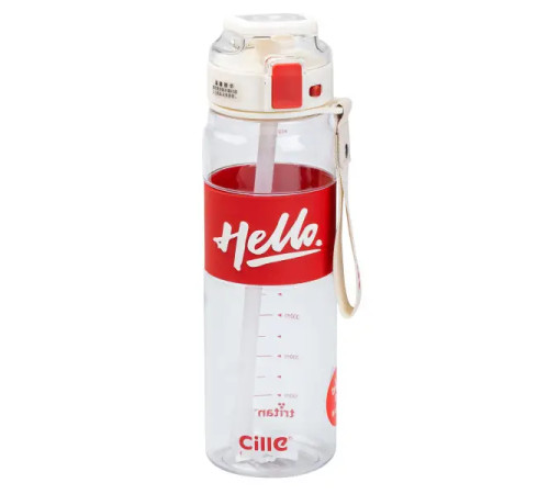 Пляшка для води спортивна Happy Life Hello 860 мл з ремінцем та ручкою, червона Пляшка для води спортивна Happy Life Hello 860 мл з ремінцем та ручкою, червона