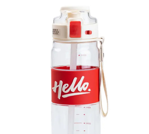 Пляшка для води спортивна Happy Life Hello 860 мл з ремінцем та ручкою, червона Пляшка для води спортивна Happy Life Hello 860 мл з ремінцем та ручкою, червона