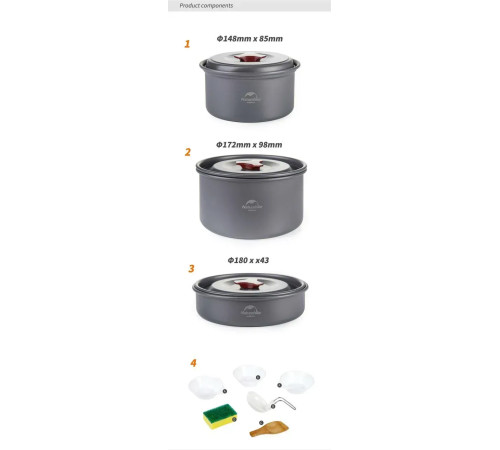 Набір посуду Naturehike NH15T203-G 3-4 NH, сірий Набір посуду Naturehike NH15T203-G 3-4 NH, сірий