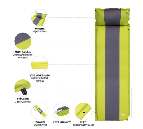 Самонадувний килимок з подушкою NILS CAMP NC4349 зелено-сірий