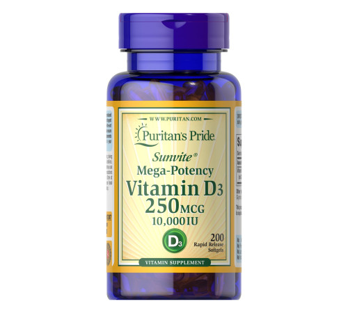 Вітамін Vitamin D3 250мкг (10000 IU) Mega-Potency - 200 капсул