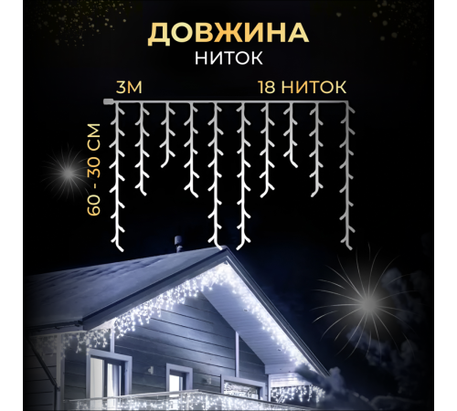 Гірлянда вулична Бахрома 100 LED світлодіодна, 3 м , білий кабель, 18 ниток, білий Гірлянда вулична Бахрома 100 LED світлодіодна, 3 м , білий кабель, 18 ниток, білий