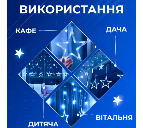 Гірлянда-штора Зірки та ялинки, 3*0,9 м, 10 фігур, синій Гірлянда-штора Зірки та ялинки, 3*0,9 м, 10 фігур, синій