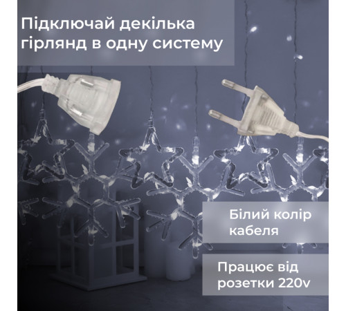 Гірлянда-штора Зірки та сніжинки, 3*0,9 м, 10 фігур, білий Гірлянда-штора Зірки та сніжинки, 3*0,9 м, 10 фігур, білий