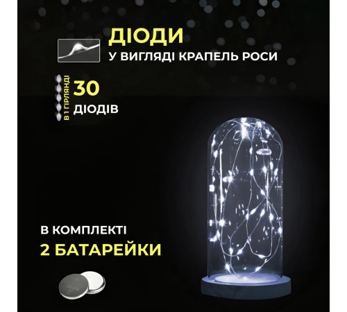 Гірлянда Роса нитка 30 LED, 3 м, на батарейках, зелена оболонка, білий Гірлянда Роса нитка 30 LED, 3 м, на батарейках, зелена оболонка, білий