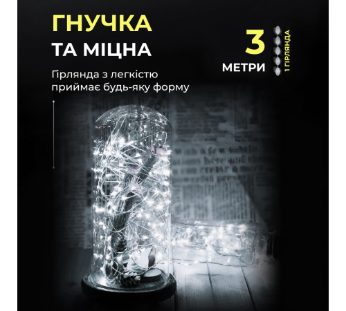 Гірлянда Роса нитка 30 LED, 3 м, на батарейках, зелена оболонка, білий Гірлянда Роса нитка 30 LED, 3 м, на батарейках, зелена оболонка, білий
