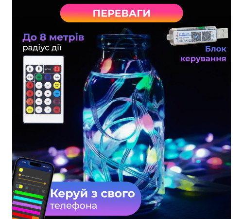 Смарт-гірлянда 250 LED, 2,5 м, з керуванням смартфона, мультиколор Смарт-гірлянда 250 LED, 2,5 м, з керуванням смартфона, мультиколор