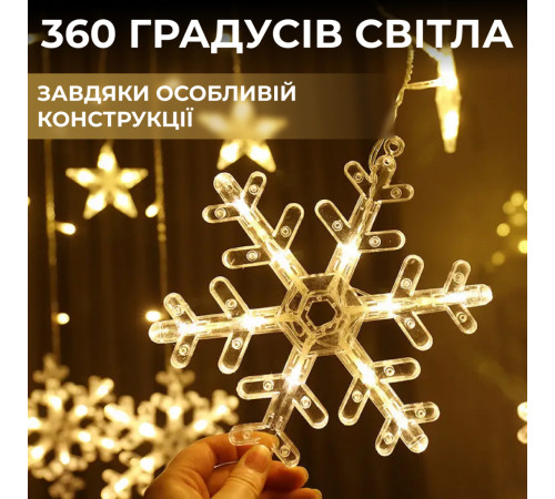 Гірлянда-штора Зірки та сніжинки, 3*1 м, 12 фігур, жовтий Гірлянда-штора Зірки та сніжинки, 3*1 м, 12 фігур, жовтий