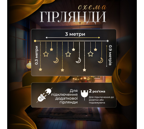 Гірлянда-штора Місяць та зірки, 3*0,9 м, 12 фігур, синій Гірлянда-штора Місяць та зірки, 3*0,9 м, 12 фігур, синій
